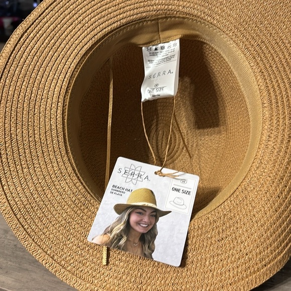 NWT Serra Tan and Cream Straw BEACH Hat with DECORATIVE Trim - Picture 3 of 8